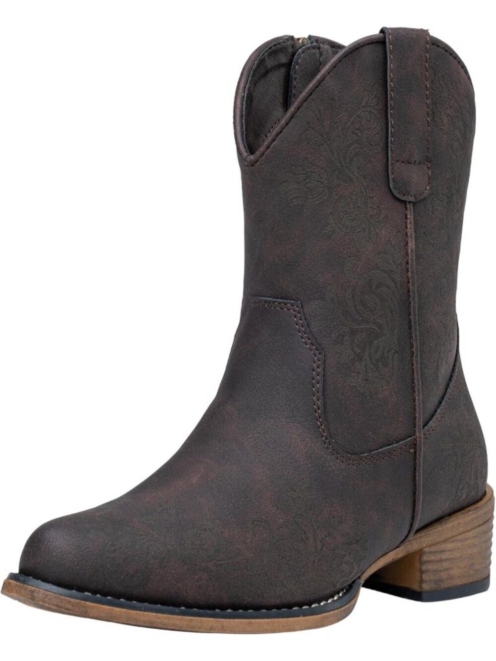 Women's Brown Leather Square Toe Low Heel Side ZIP Cowgirl Ankle Western Boots